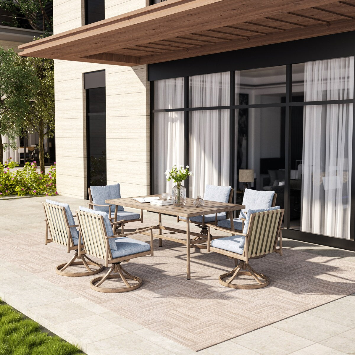 SleekLine 7-Piece Aluminum Patio Dining Set with Webbing Chair Back and Removable Cushions