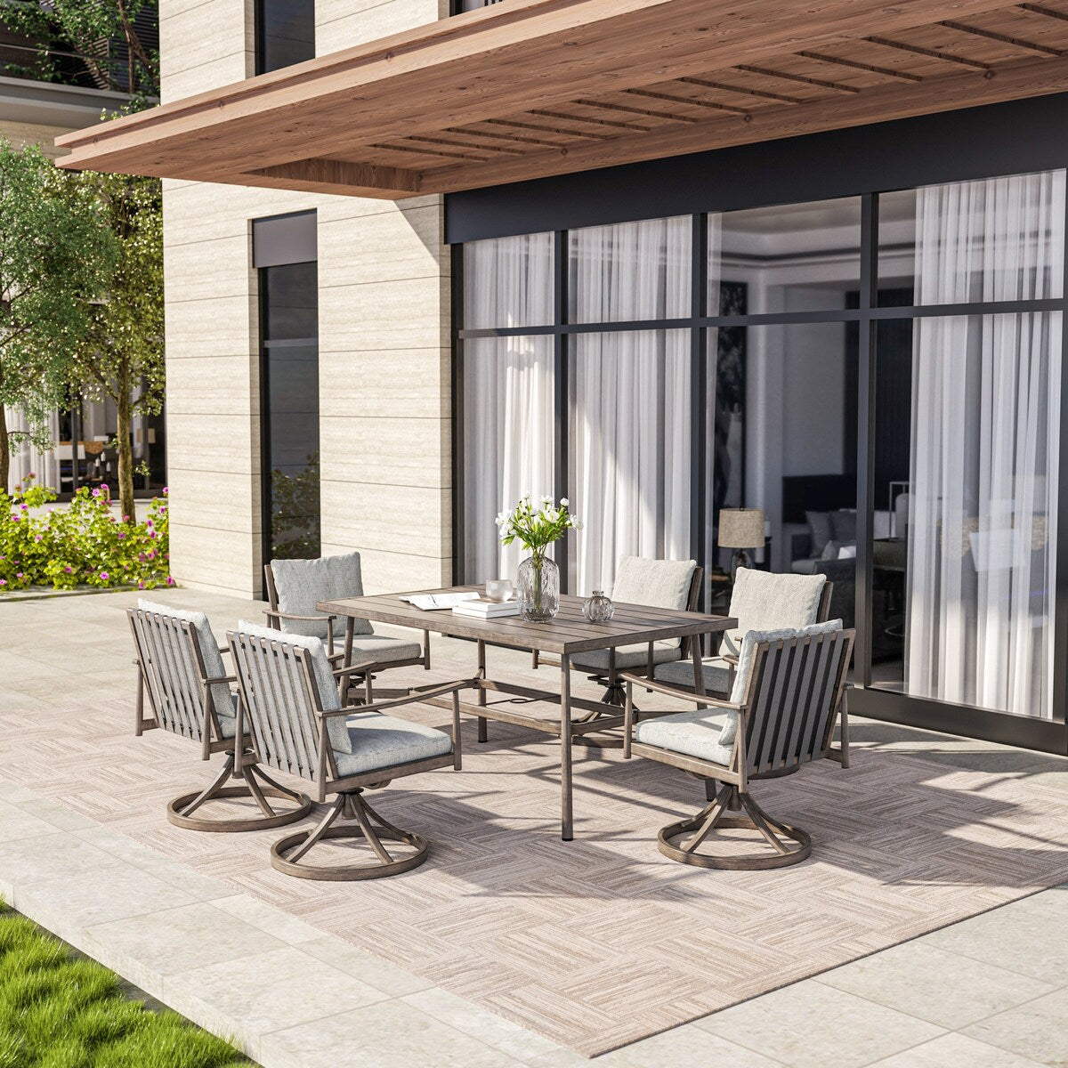 SleekLine 7-Piece Aluminum Patio Dining Set with Webbing Chair Back and Removable Cushions