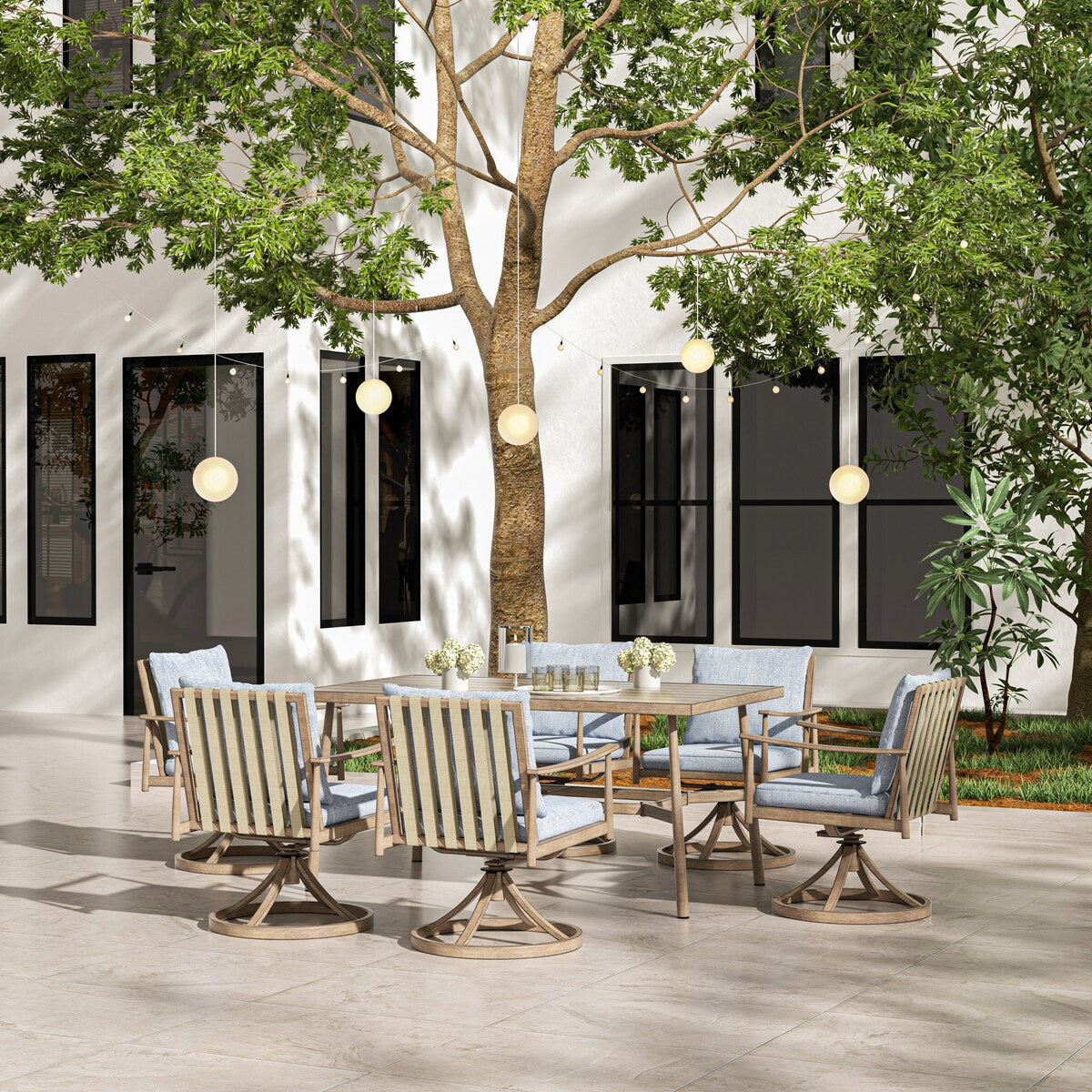 SleekLine 7-Piece Aluminum Patio Dining Set with Webbing Chair Back and Removable Cushions