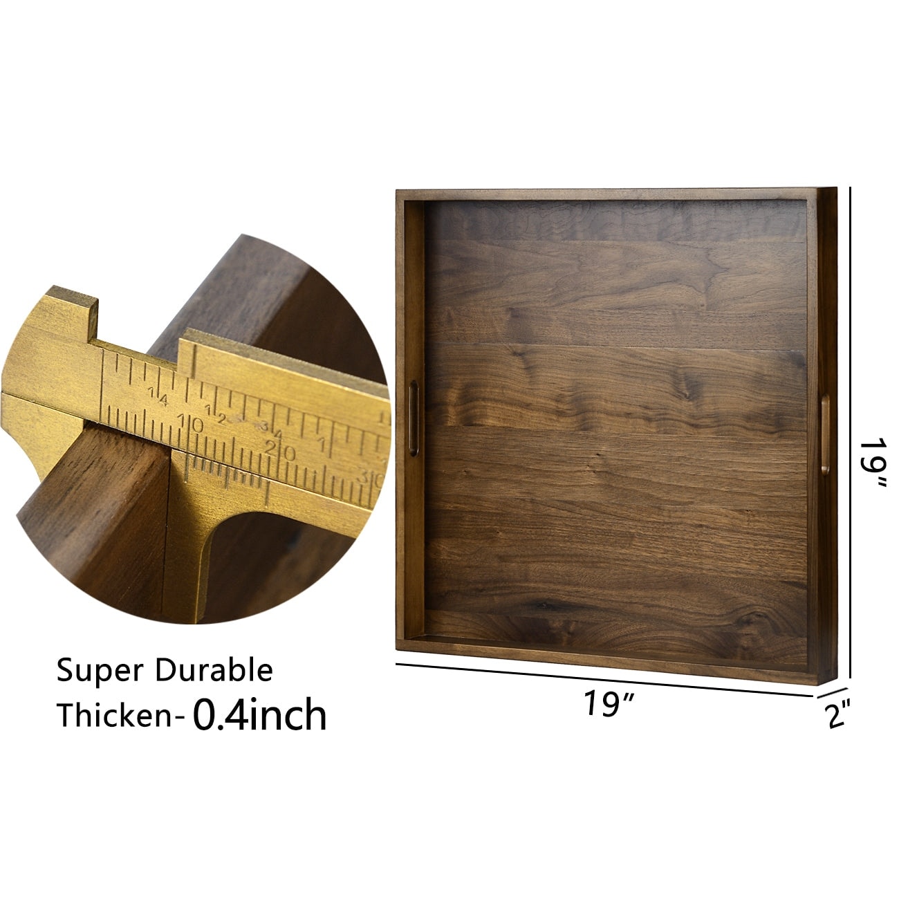 KINWELL Square Black Walnut Wood Serving Tray Ottoman Tray with Handles