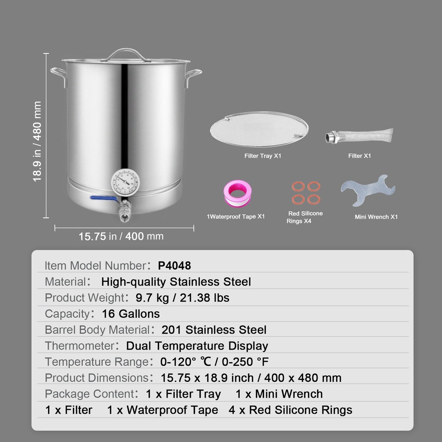 Stainless Steel Kettle, Brewing Pot, Tri Ply Bottom for Beer, Brew Kettle Pot, Home Brewing Supplies Includes Lid, Handle