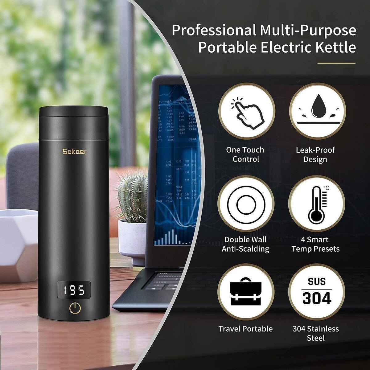 Travel Electric Tea Kettle Portable Small Mini Coffee Kettle, with 4 Variable Presets, Personal Water Boiler 304 Stainless Steel
