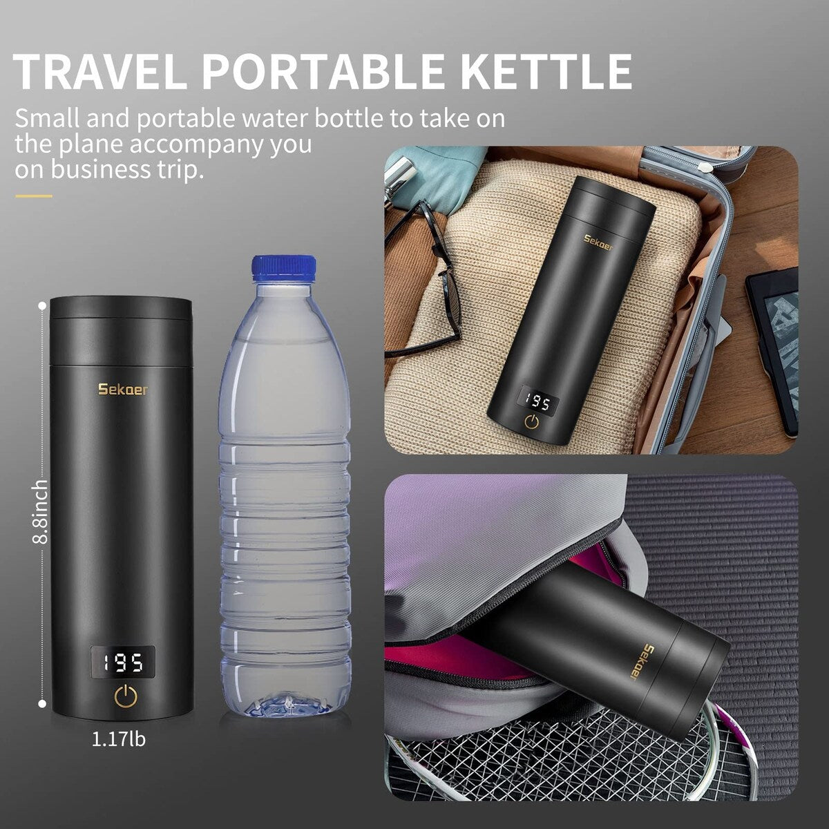 Travel Electric Tea Kettle Portable Small Mini Coffee Kettle, with 4 Variable Presets, Personal Water Boiler 304 Stainless Steel