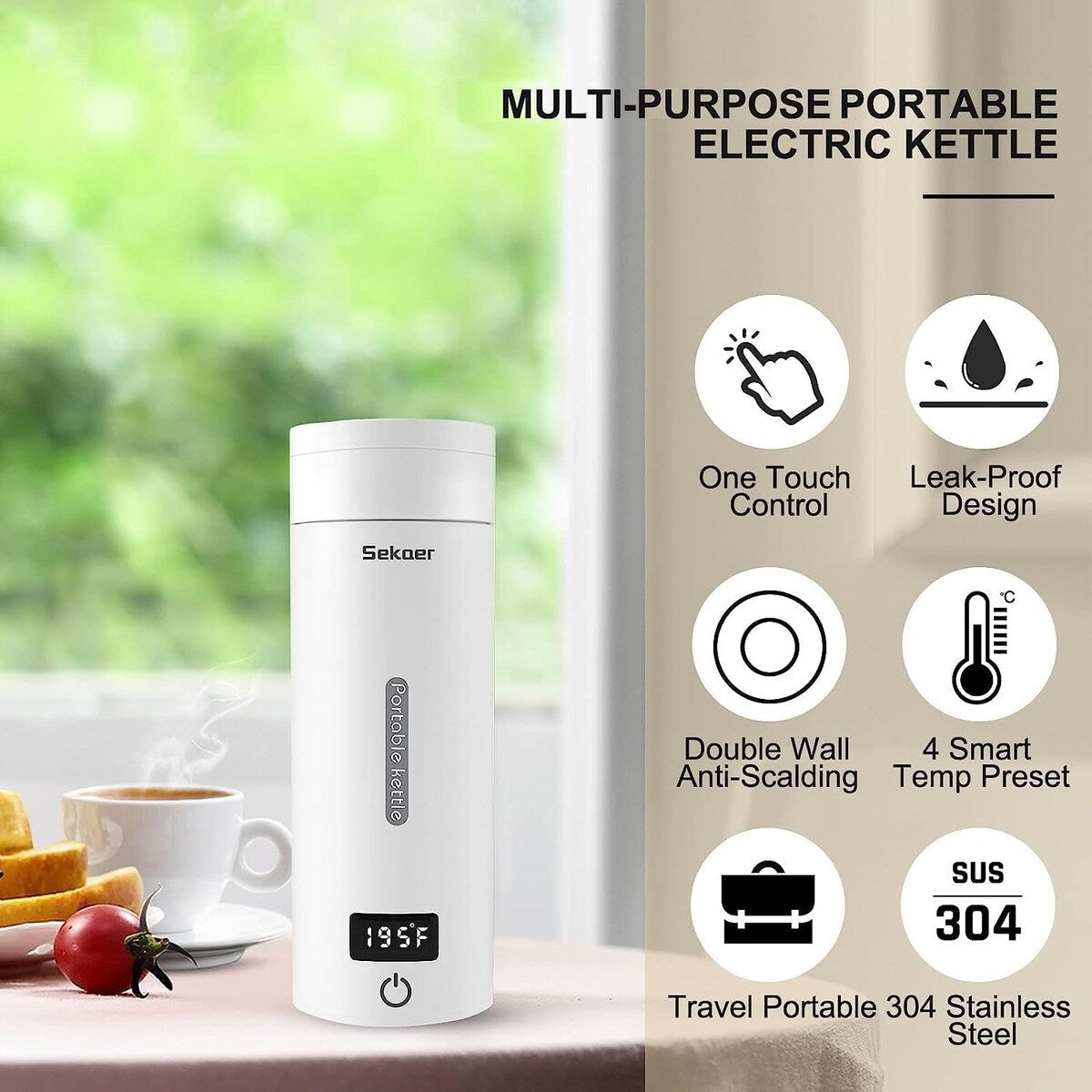 Travel Electric Tea Kettle Portable Small Mini Coffee Kettle, with 4 Variable Presets, Personal Water Boiler 304 Stainless Steel