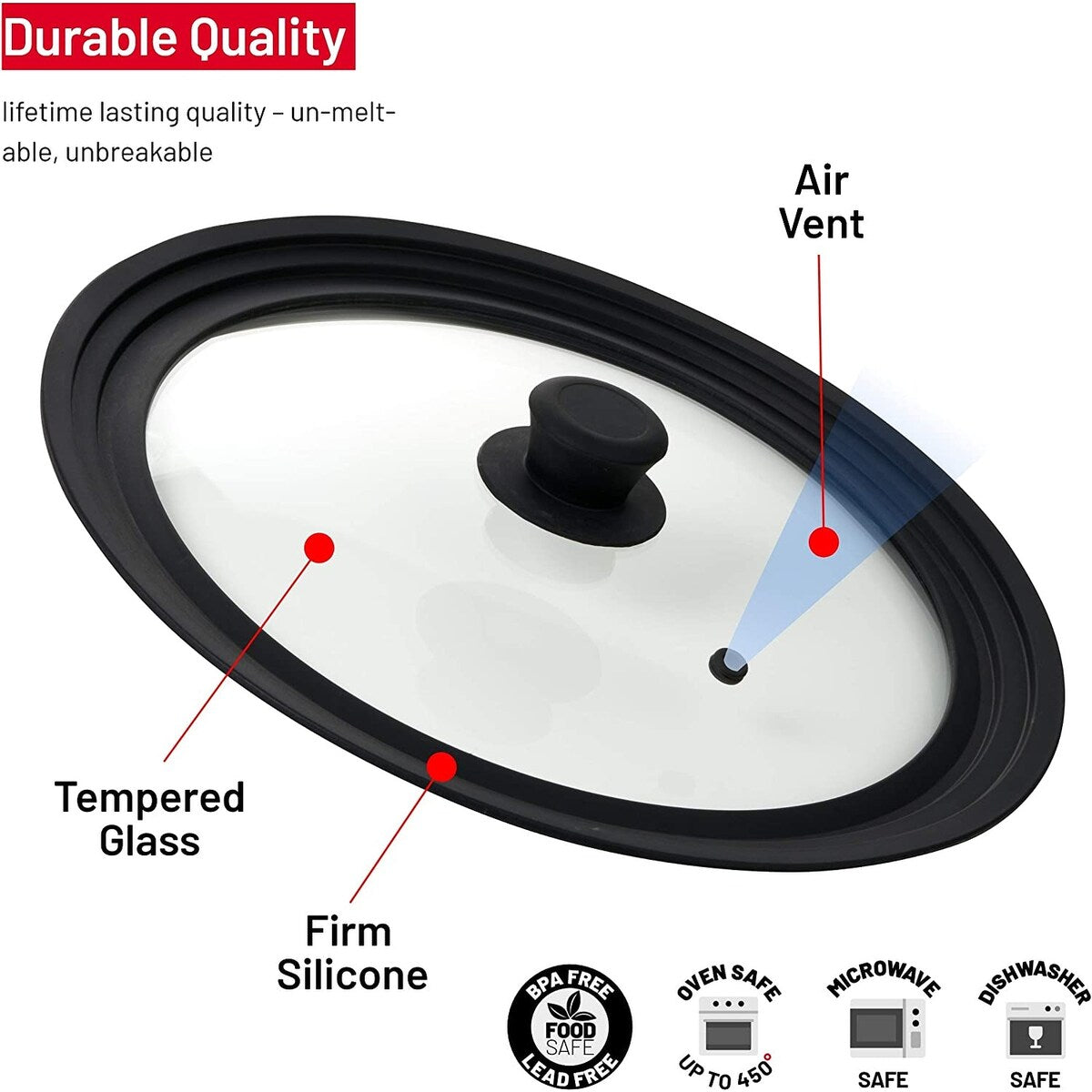 Universal Round Lid for Pans, Pots and Skillets, Rim Fits 10, 11, 12 inch Cookware - 12