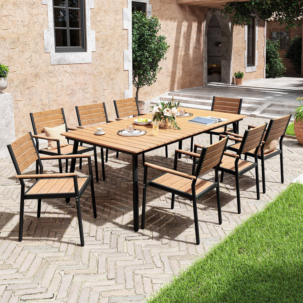 VredHom 9-Piece Outdoor Patio Dining Table Set with Stackable Chairs - Set of 9