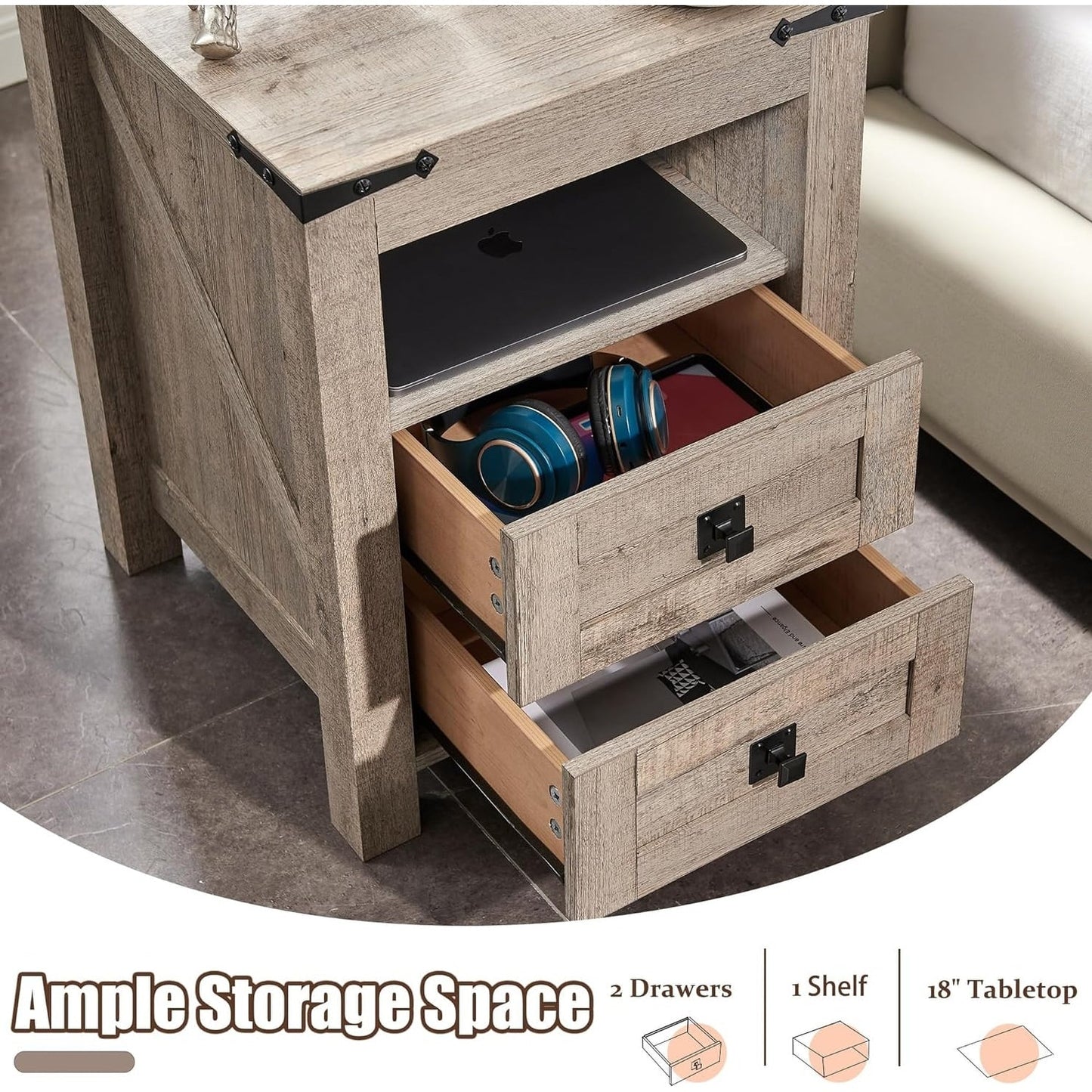 Farmhouse Nightstand with Charging Station, End Table, Side Table