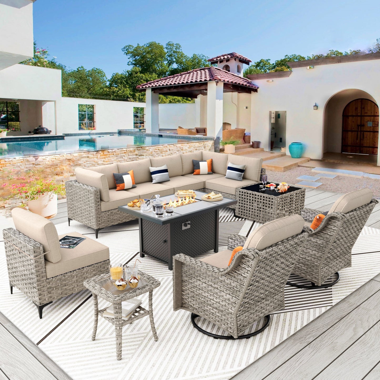 XIZZI 11-piece Patio Rattan Wicker Furniture Set with Fire Pit Table