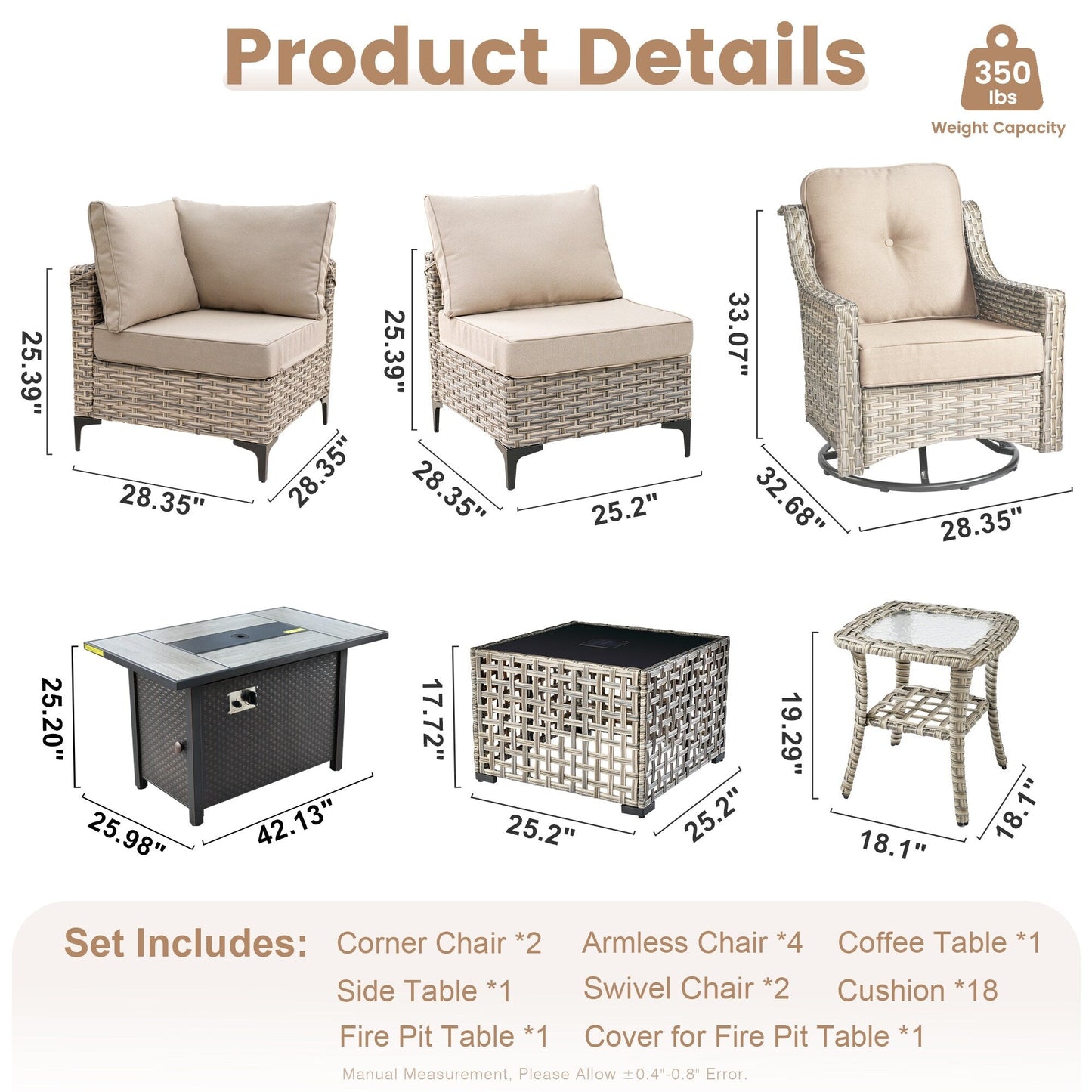 XIZZI 11-piece Patio Rattan Wicker Furniture Set with Fire Pit Table
