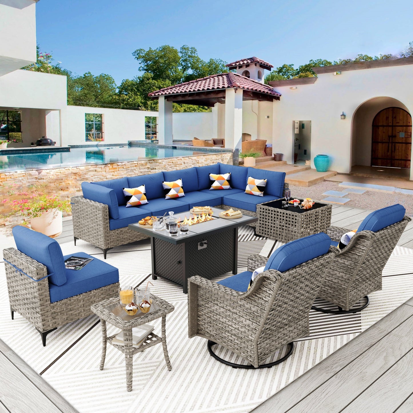 XIZZI 11-piece Patio Rattan Wicker Furniture Set with Fire Pit Table
