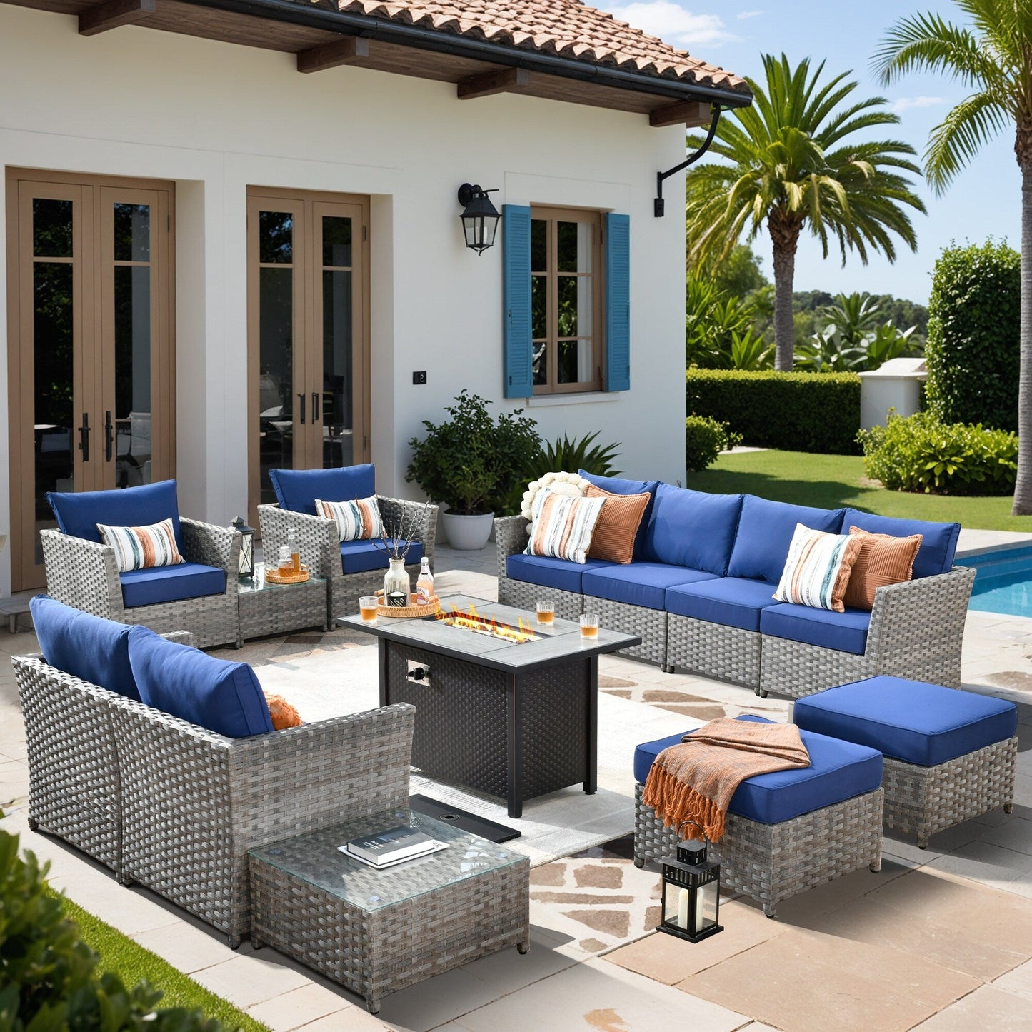 XIZZI 13-piece Outdoor Patio Wicker Furniture Set with Fire Table