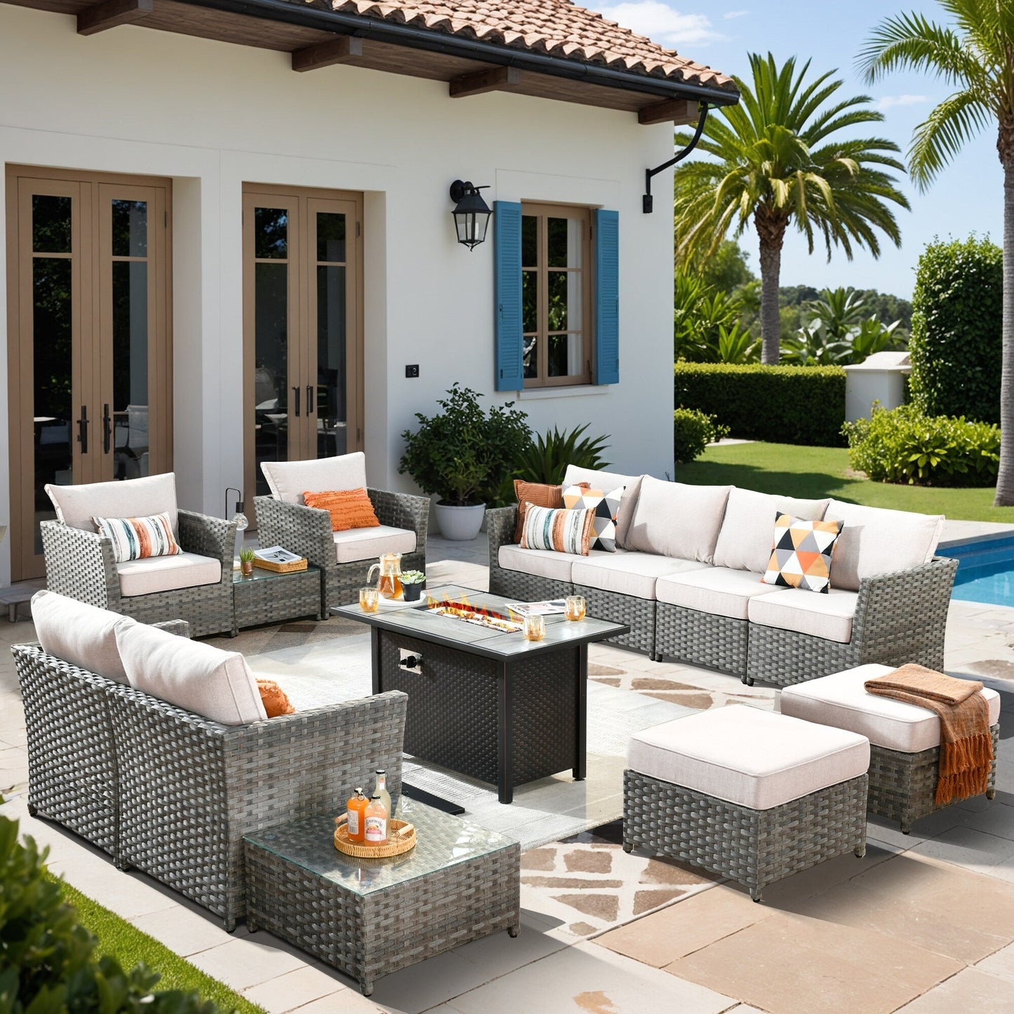 XIZZI 13-piece Outdoor Patio Wicker Furniture Set with Fire Table