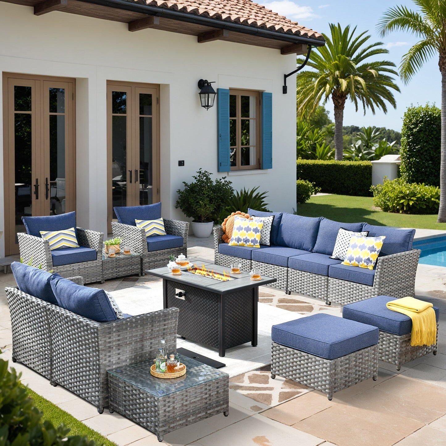 XIZZI 13-piece Outdoor Patio Wicker Furniture Set with Fire Table