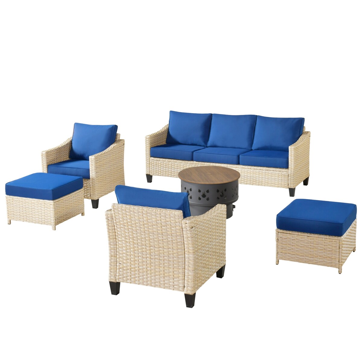 XIZZI 6-piece Patio Wicker Furniture with Wood Burning Fire Pit