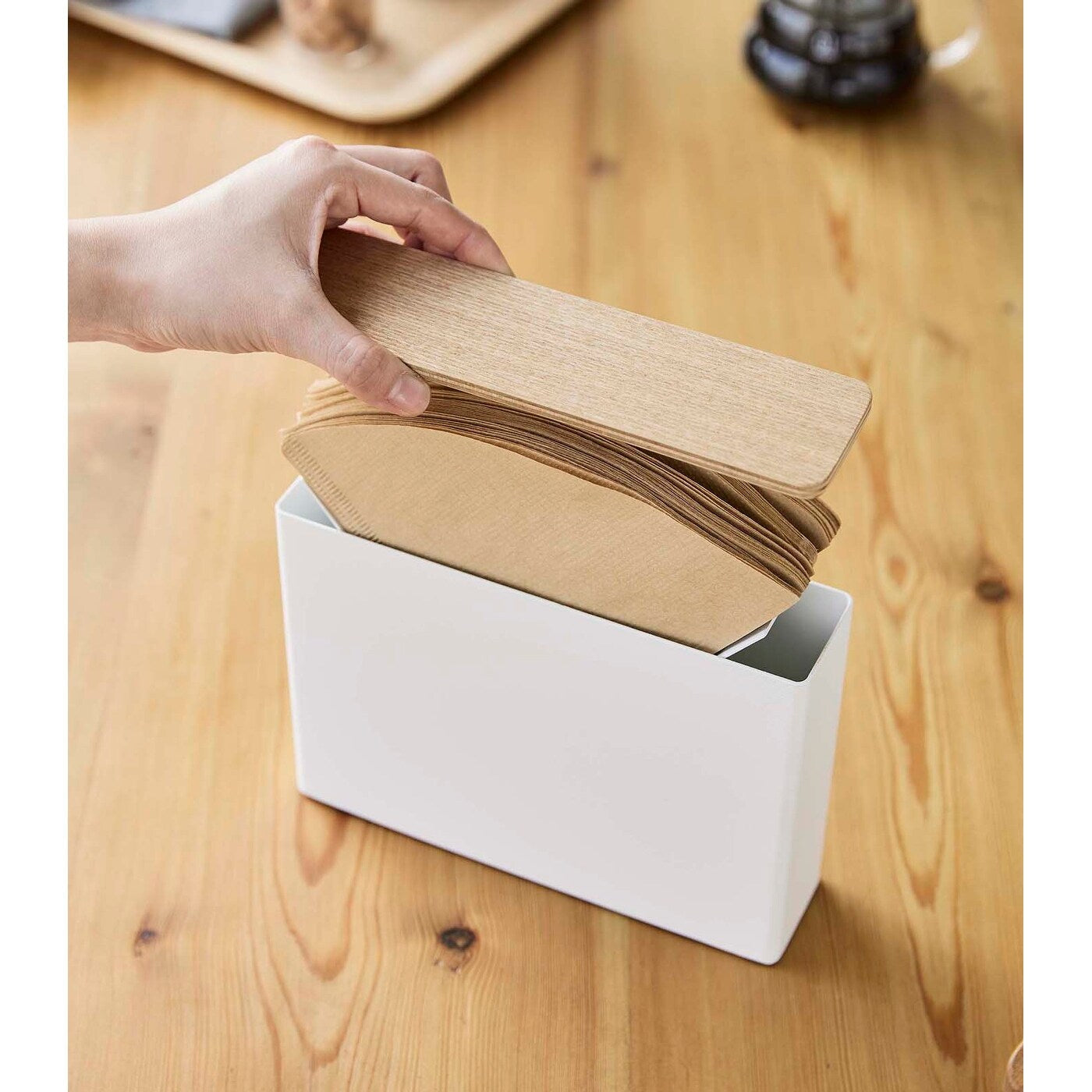 Yamazaki Home Coffee Filter Case - Size 04, Steel and Wood, 04 Coffee Filters, Lid - L 2.05 x W 8.27 x H 6.1 inches
