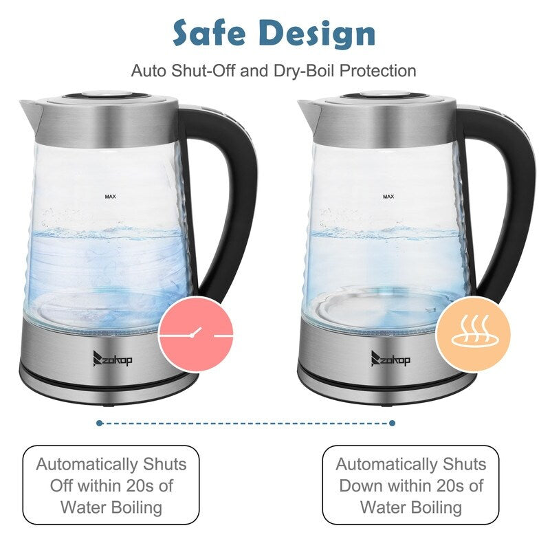 ZOKOP 0.58Gal 1200W High Borosilicate Glass Electric Kettle with Electronic Handle