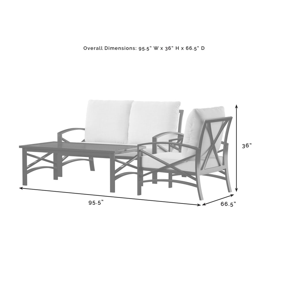 Crosley Kaplan 3 Piece Outdoor Loveseat Patio Furniture Set - 95.5W x 66.5D x 36H