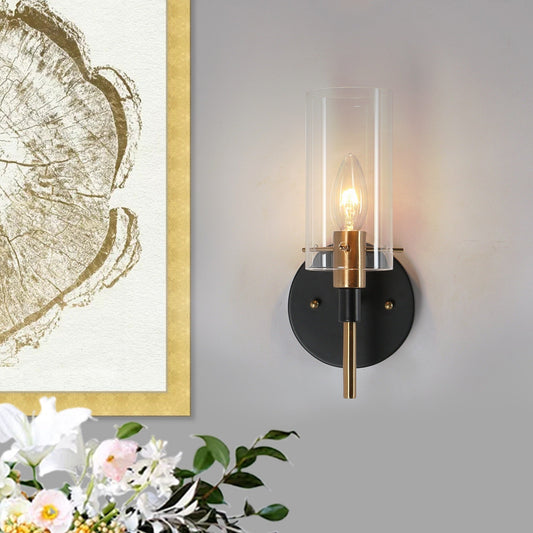 Modern Farmhouse 1-Light Black Gold Wall Sconce Light Fixture with Glass Shade