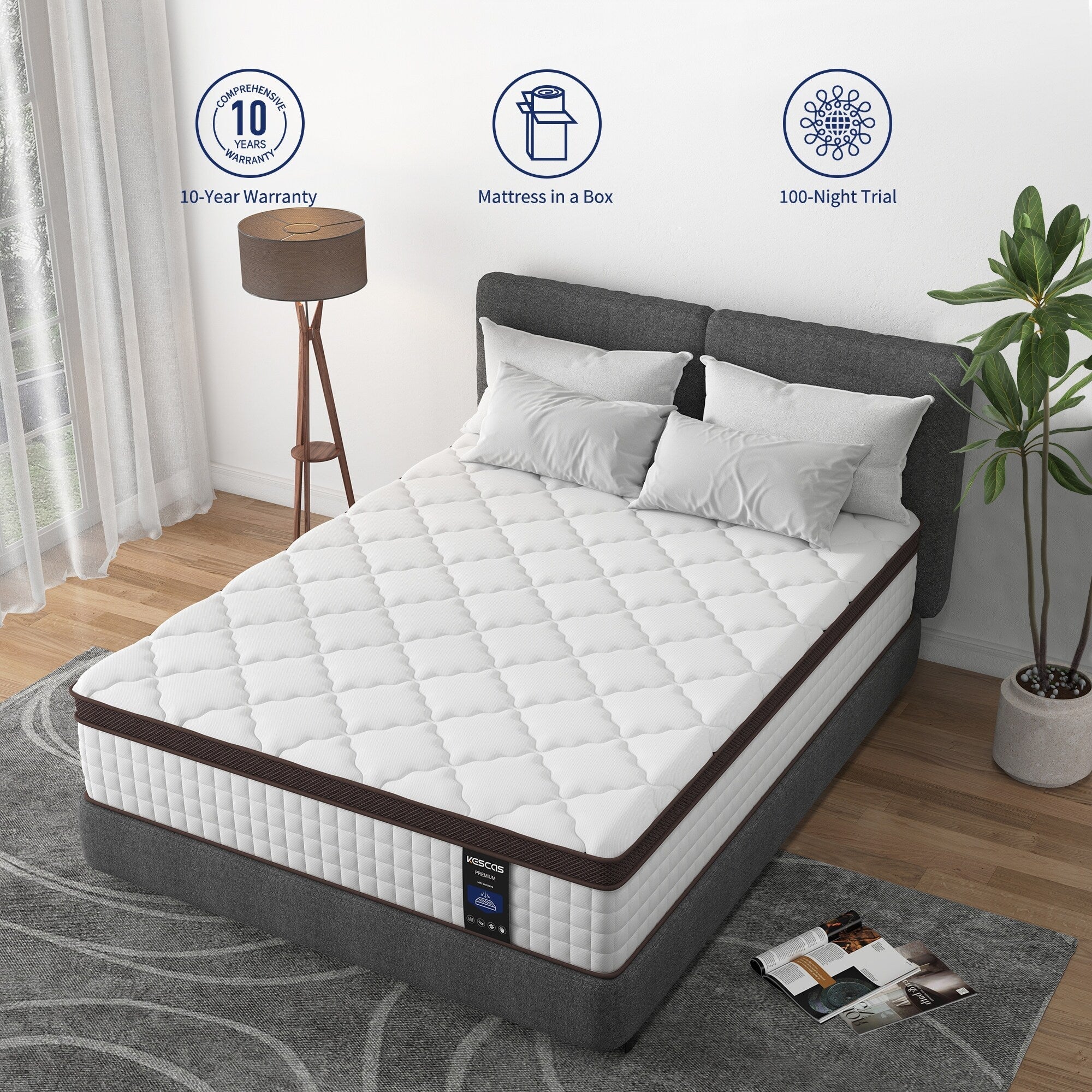 10 Inch Twin/ Full/ Queen Pillow Top Mattress，Memory Foam and Pocket Spring Hybrid Mattress