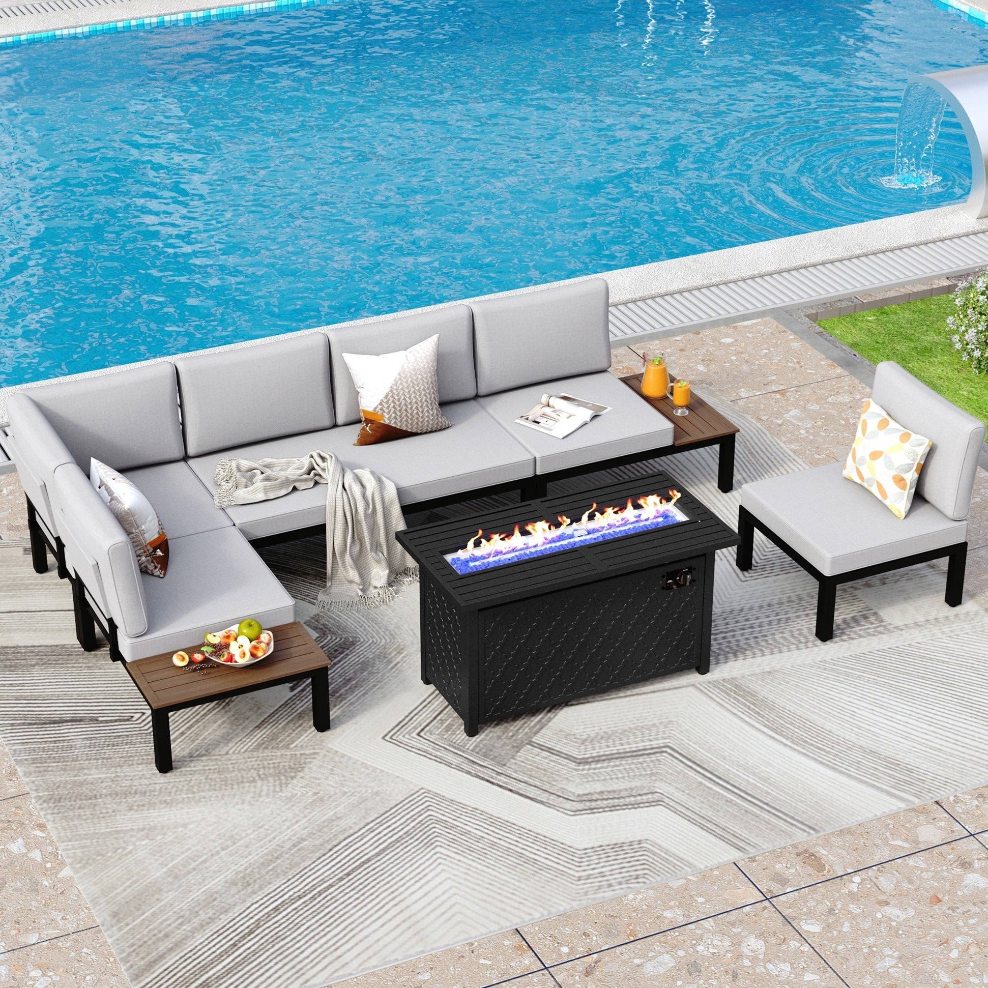 10-Seat Patio Sectional sofa set, E-coating Steel frame Conversation Sets with Built-in Side Table , Grey Cushion