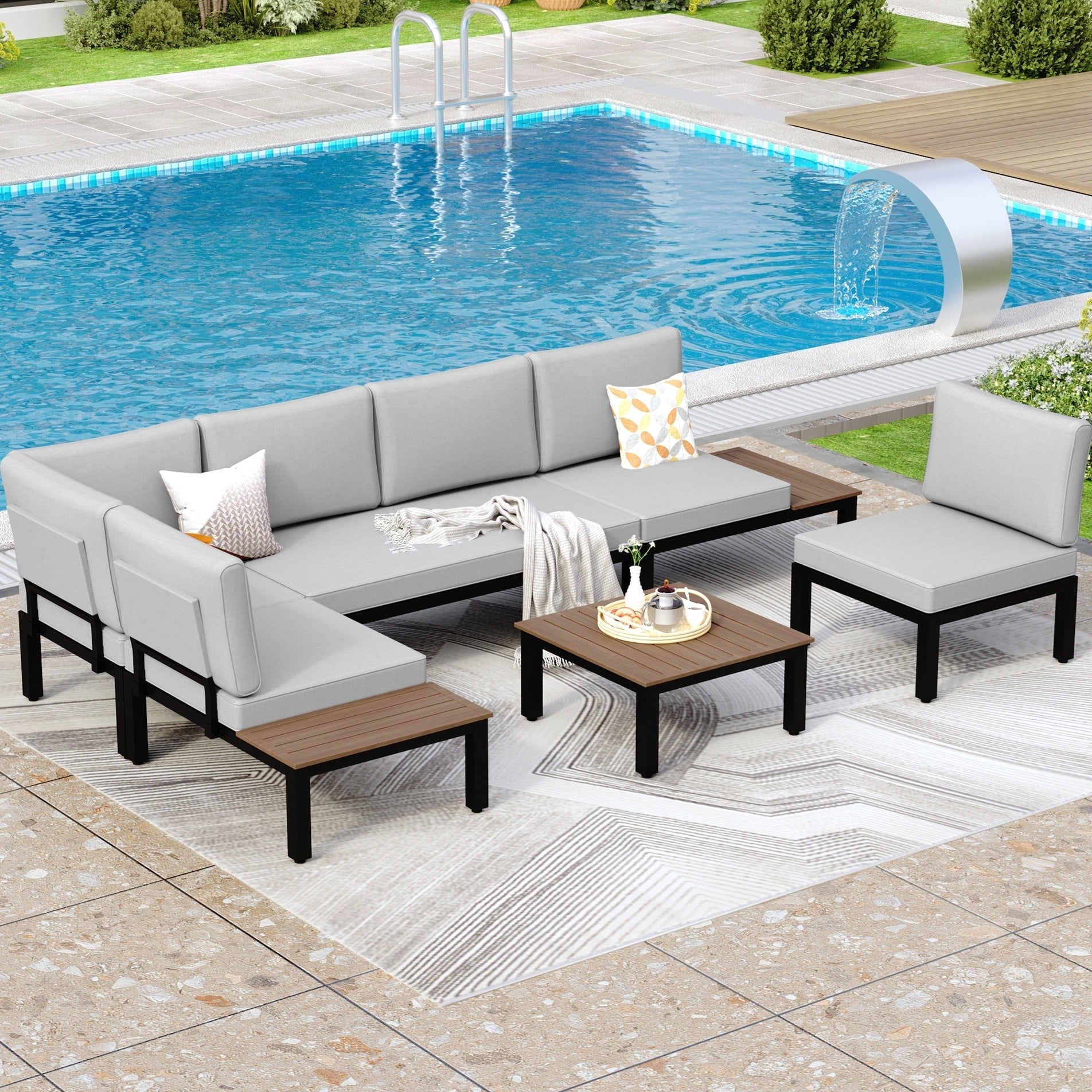10-Seat Patio Sectional sofa set, E-coating Steel frame Conversation Sets with Built-in Side Table , Grey Cushion