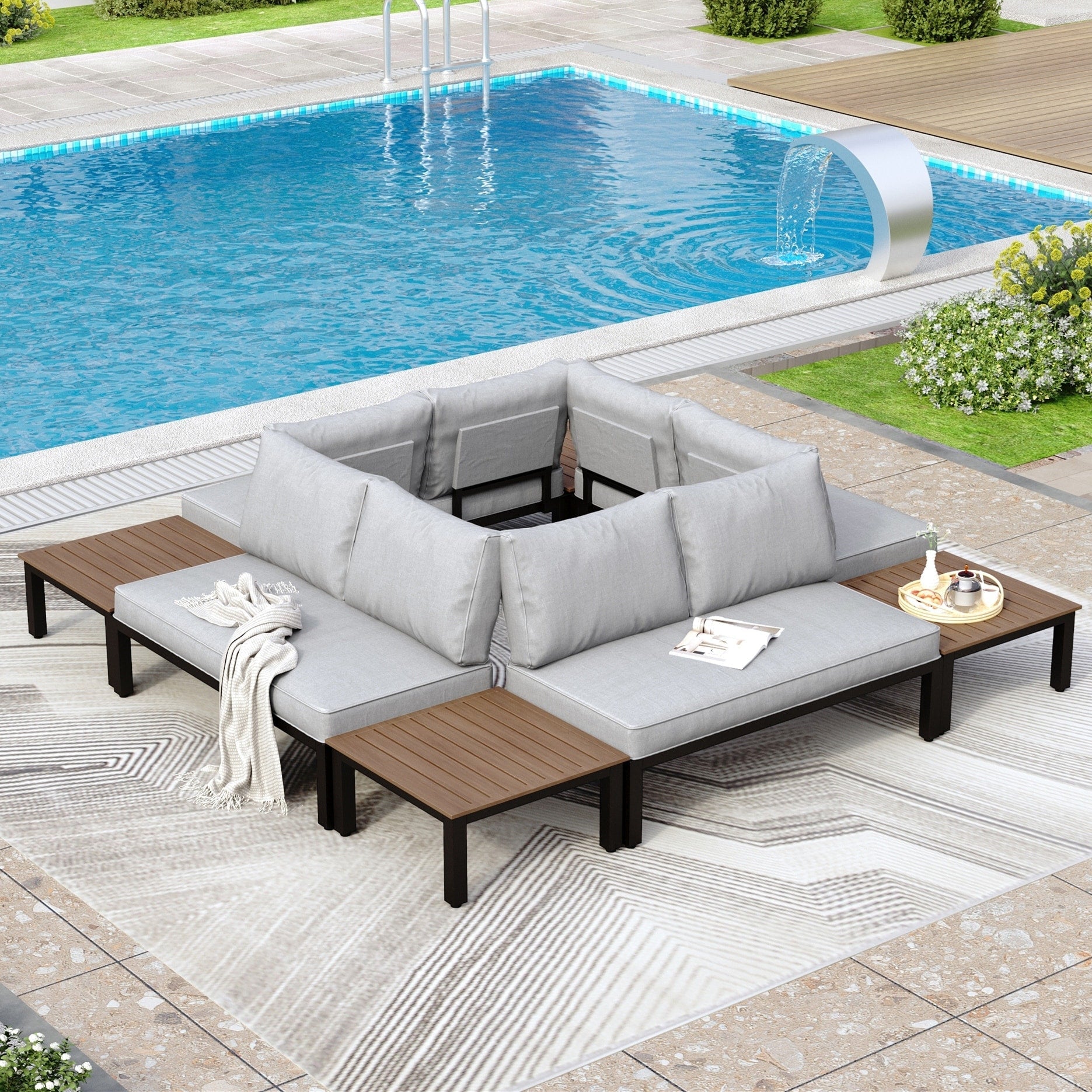 10-Seat Patio Sectional sofa set, E-coating Steel frame Conversation Sets with Built-in Side Table , Grey Cushion