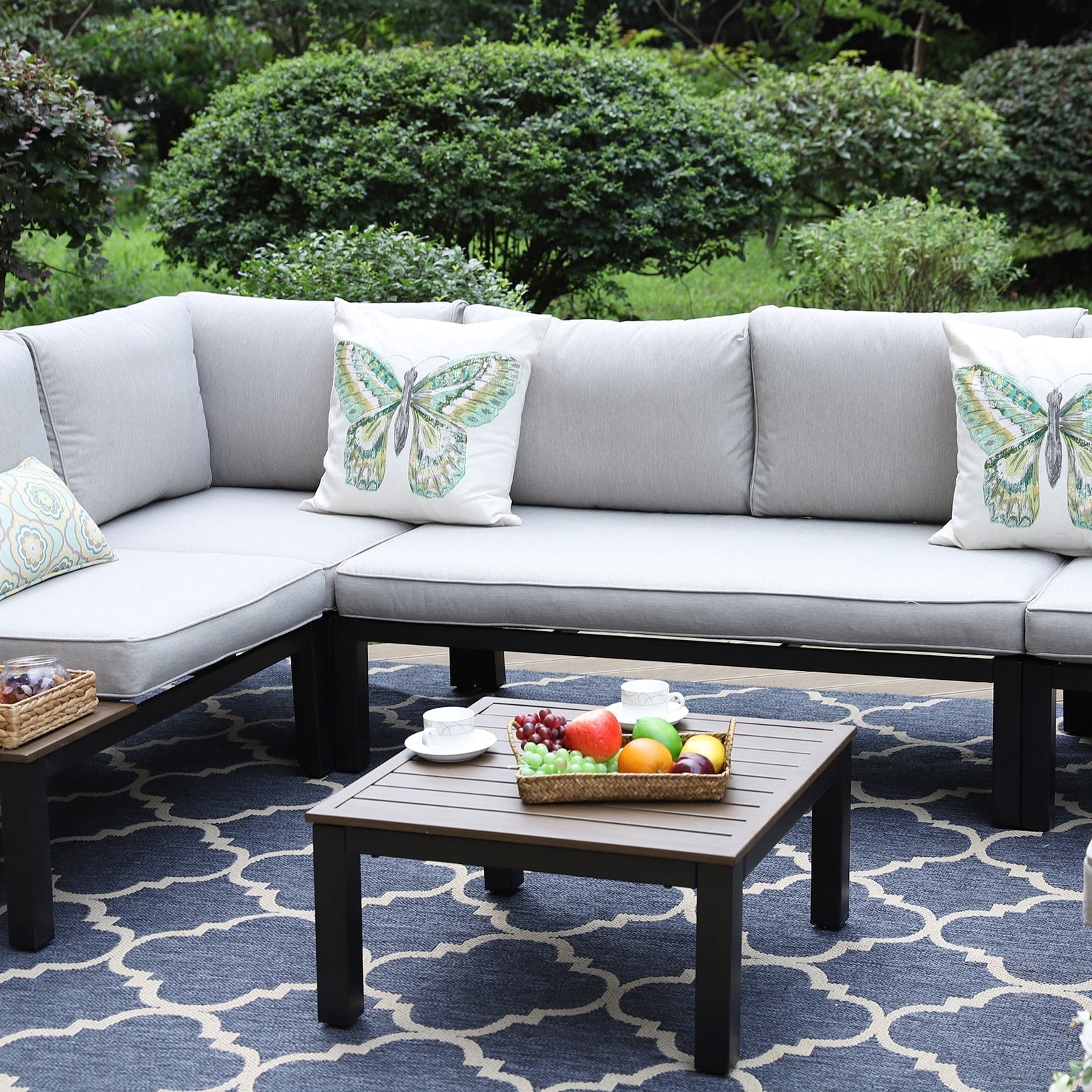 10-Seat Patio Sectional sofa set, E-coating Steel frame Conversation Sets with Built-in Side Table , Grey Cushion