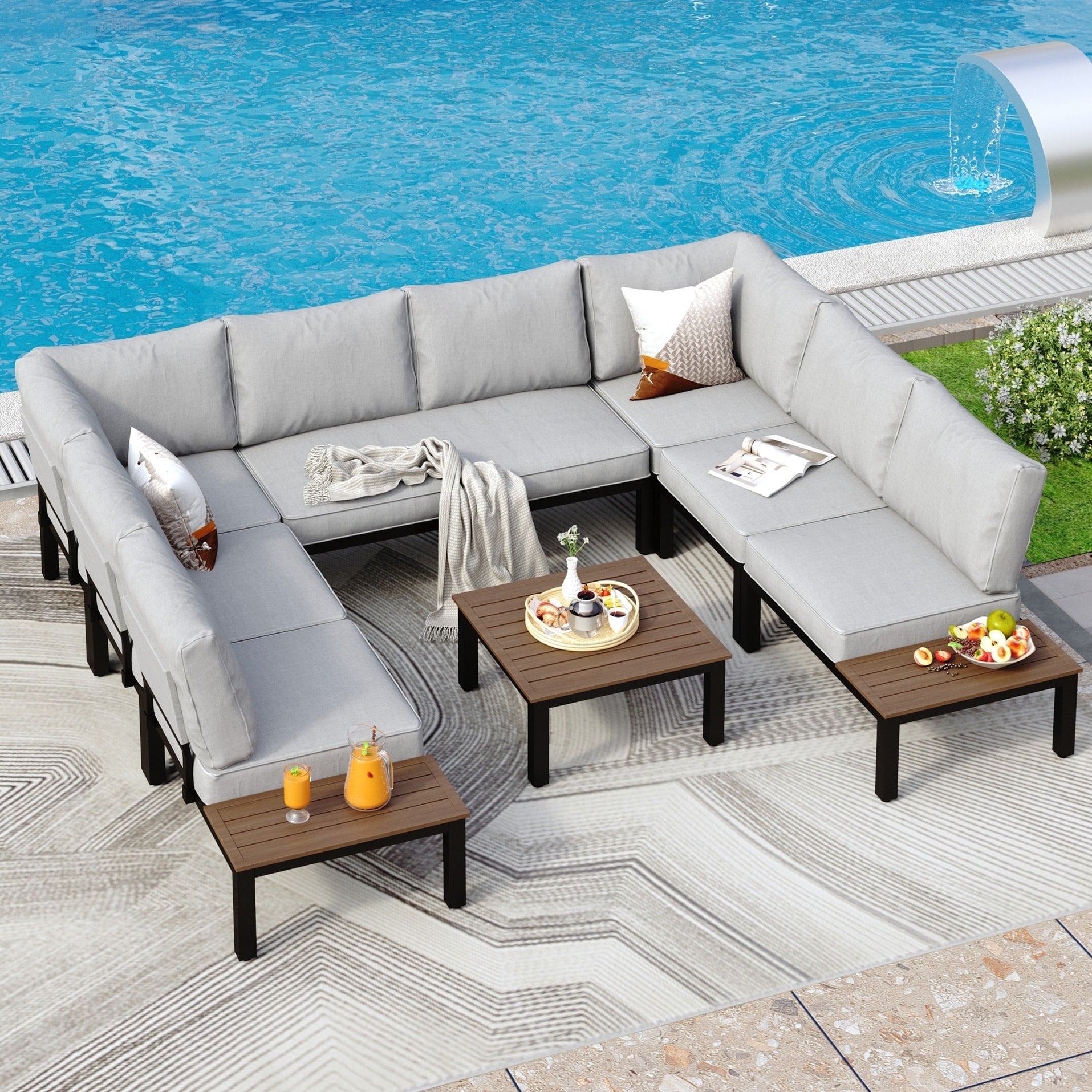 10-Seat Patio Sectional sofa set, E-coating Steel frame Conversation Sets with Built-in Side Table , Grey Cushion