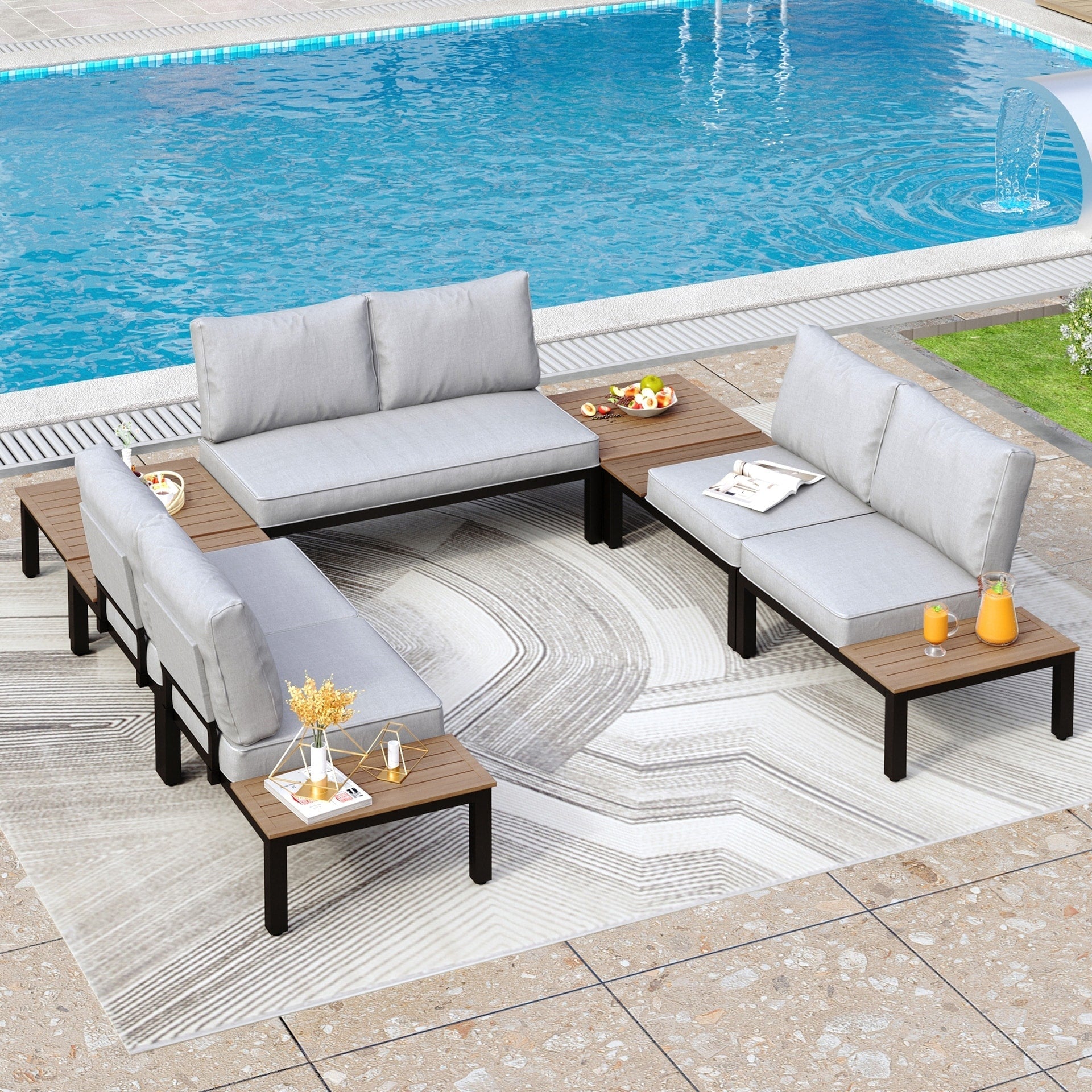 10-Seat Patio Sectional sofa set, E-coating Steel frame Conversation Sets with Built-in Side Table , Grey Cushion