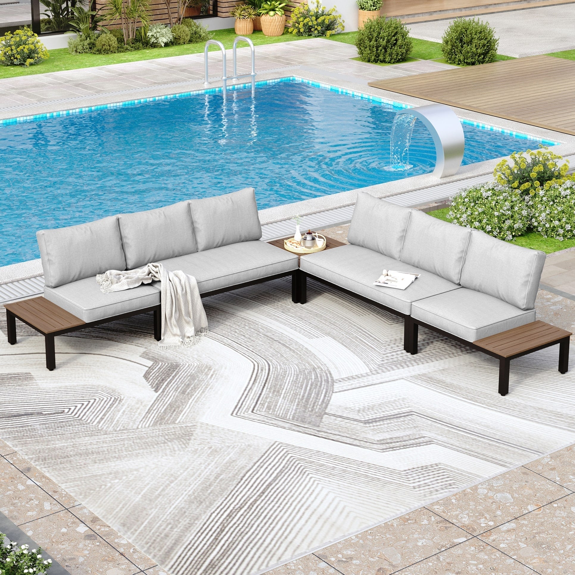 10-Seat Patio Sectional sofa set, E-coating Steel frame Conversation Sets with Built-in Side Table , Grey Cushion