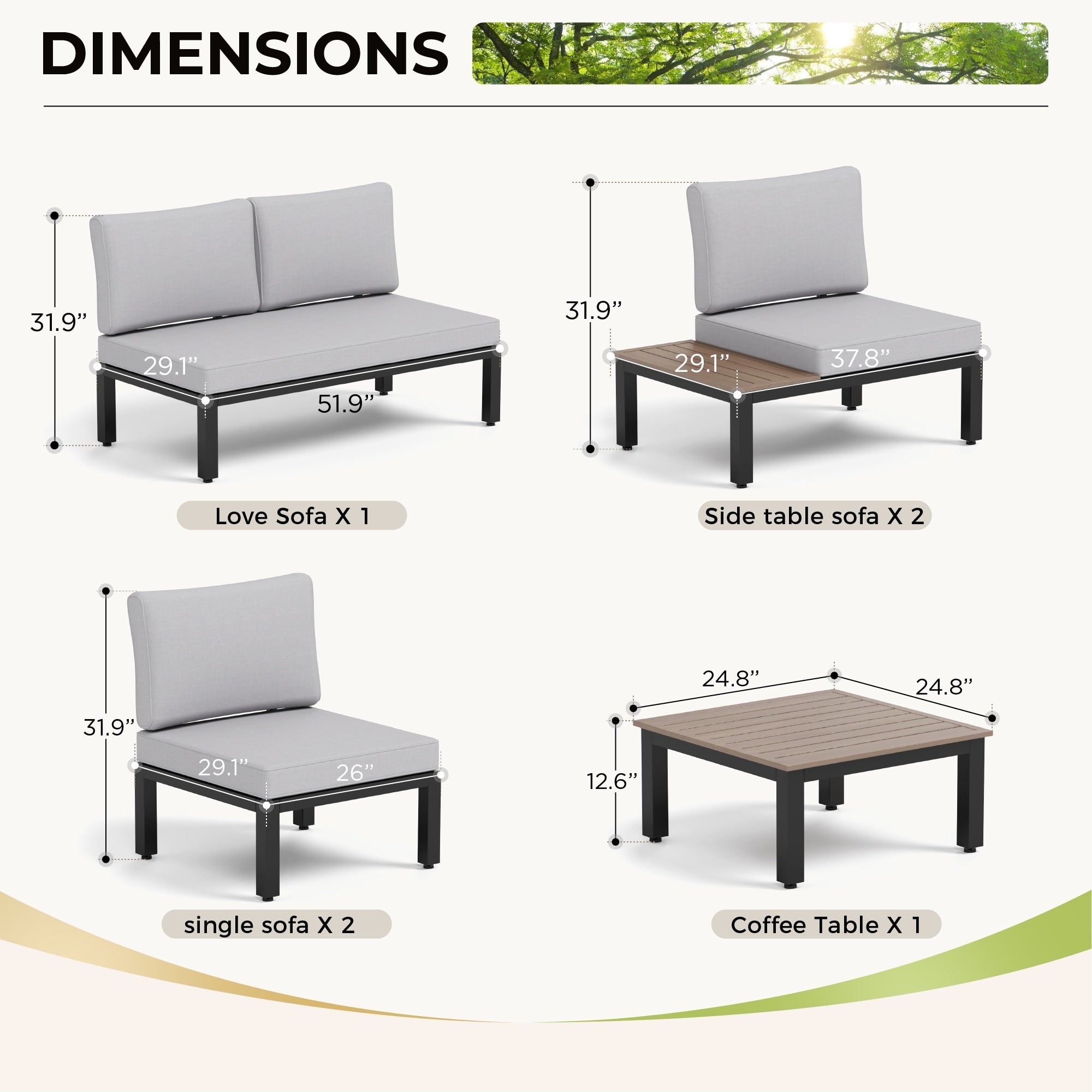 10-Seat Patio Sectional sofa set, E-coating Steel frame Conversation Sets with Built-in Side Table , Grey Cushion