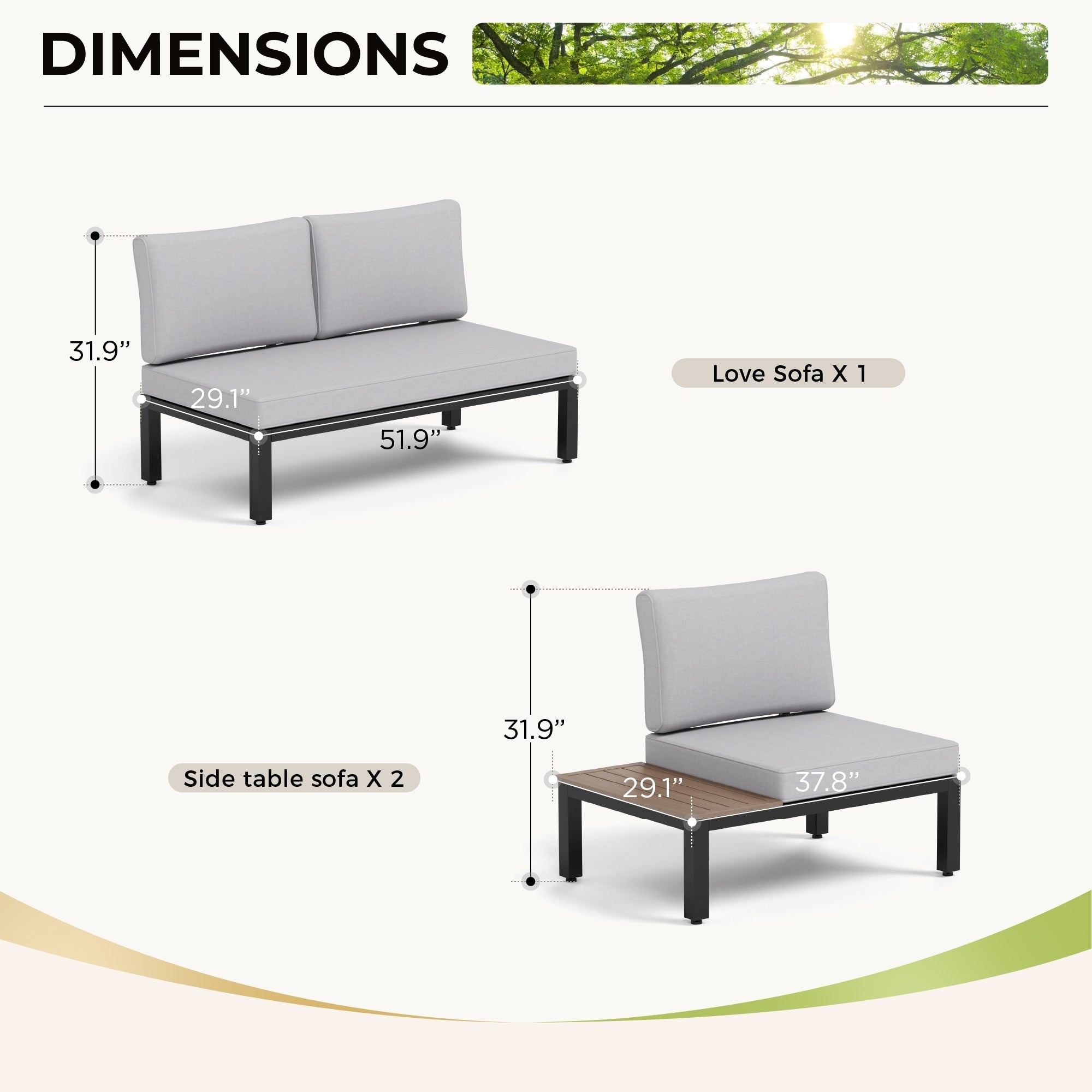 10-Seat Patio Sectional sofa set, E-coating Steel frame Conversation Sets with Built-in Side Table , Grey Cushion