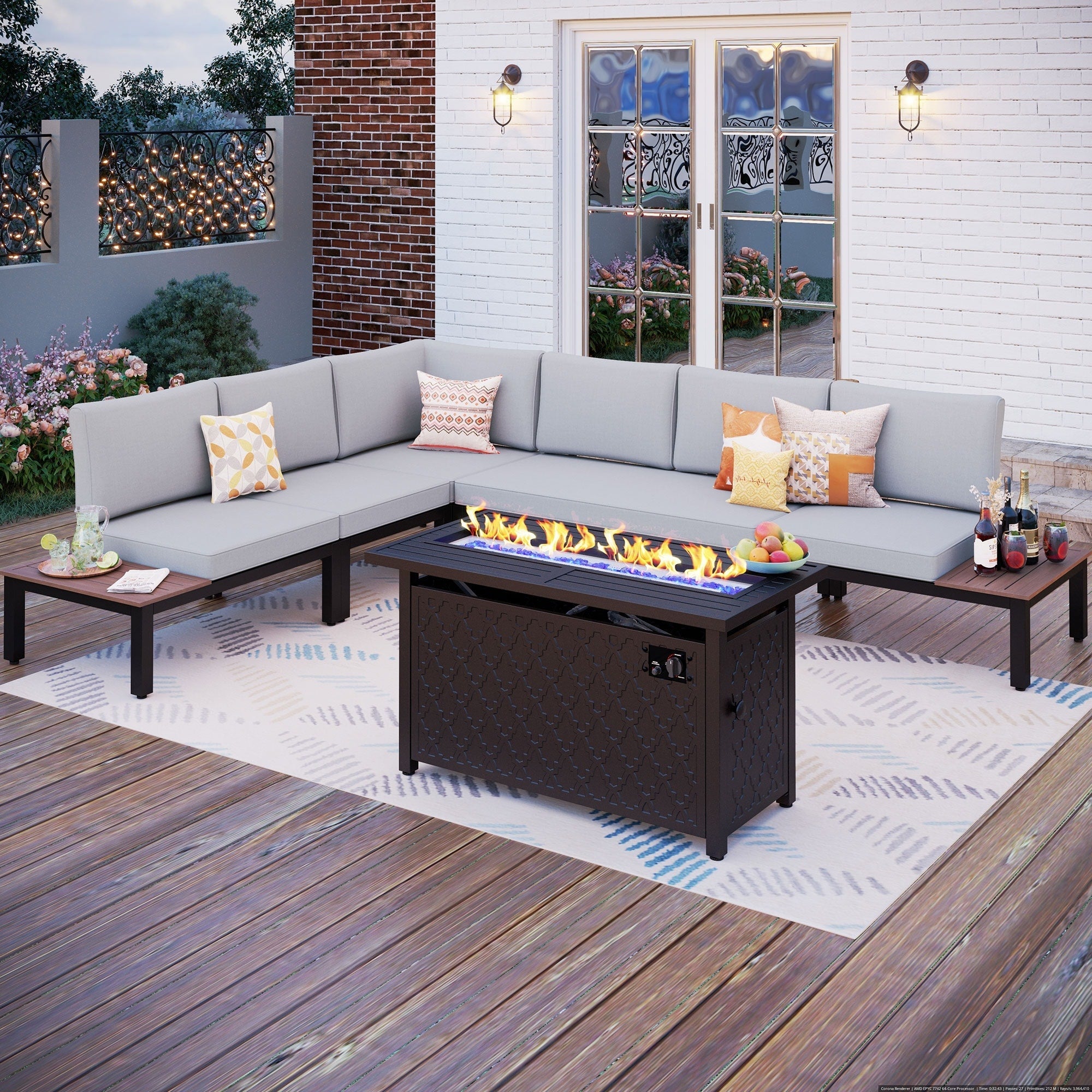 10-Seat Patio Sectional sofa set, E-coating Steel frame Conversation Sets with Built-in Side Table , Grey Cushion