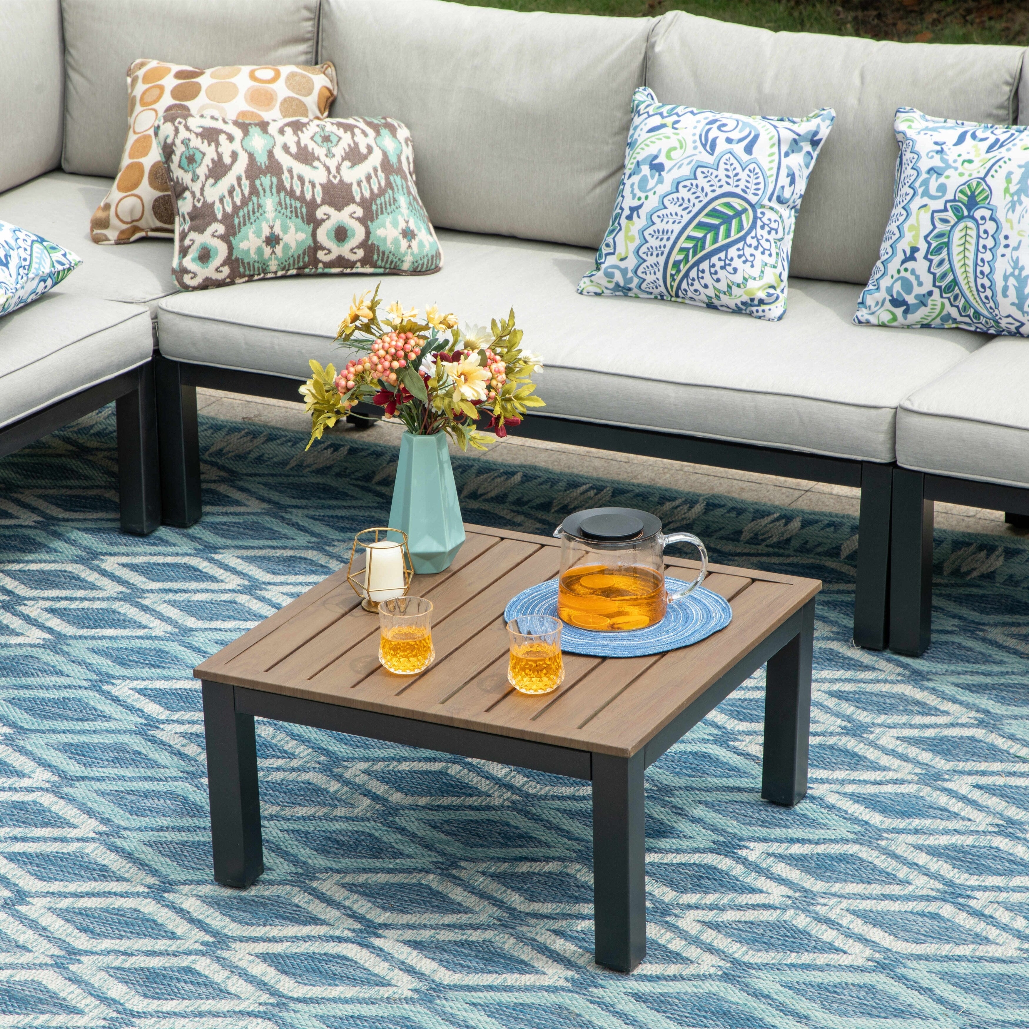10-Seat Patio Sectional sofa set, E-coating Steel frame Conversation Sets with Built-in Side Table , Grey Cushion