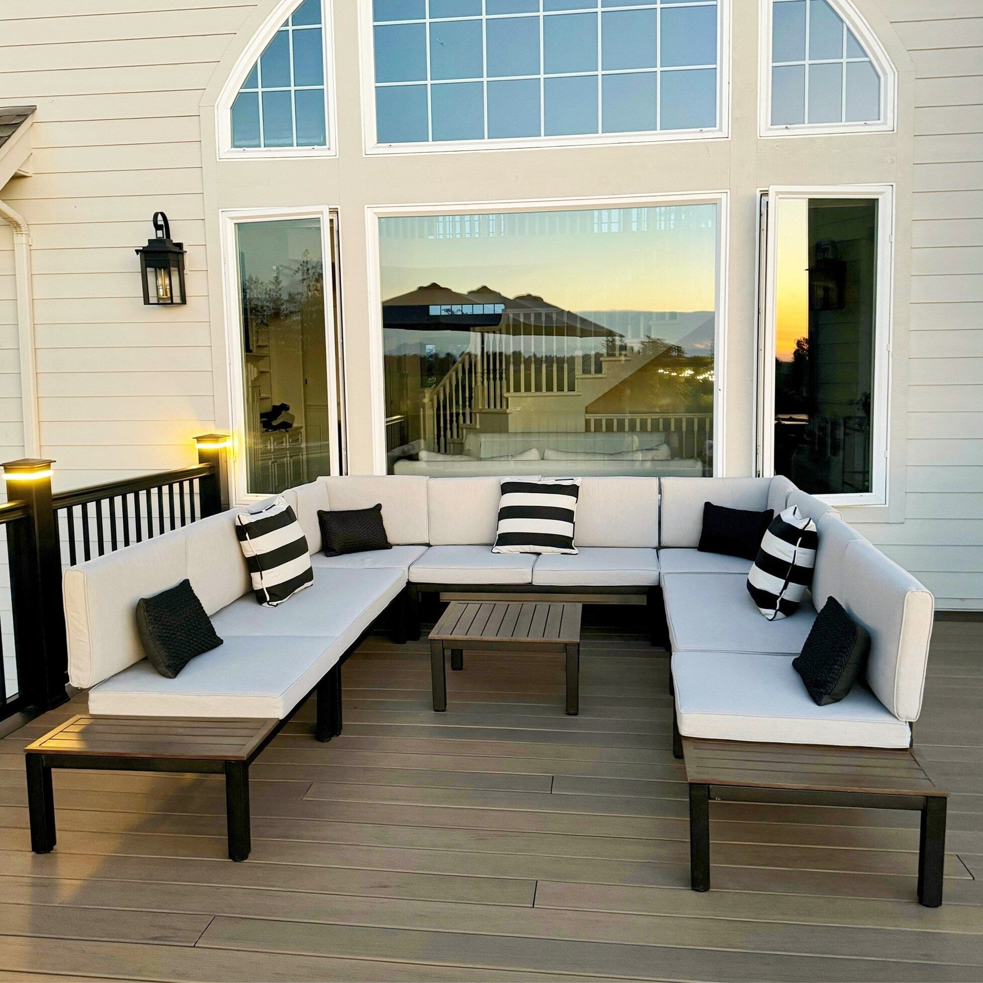 10-Seat Patio Sectional sofa set, E-coating Steel frame Conversation Sets with Built-in Side Table , Grey Cushion