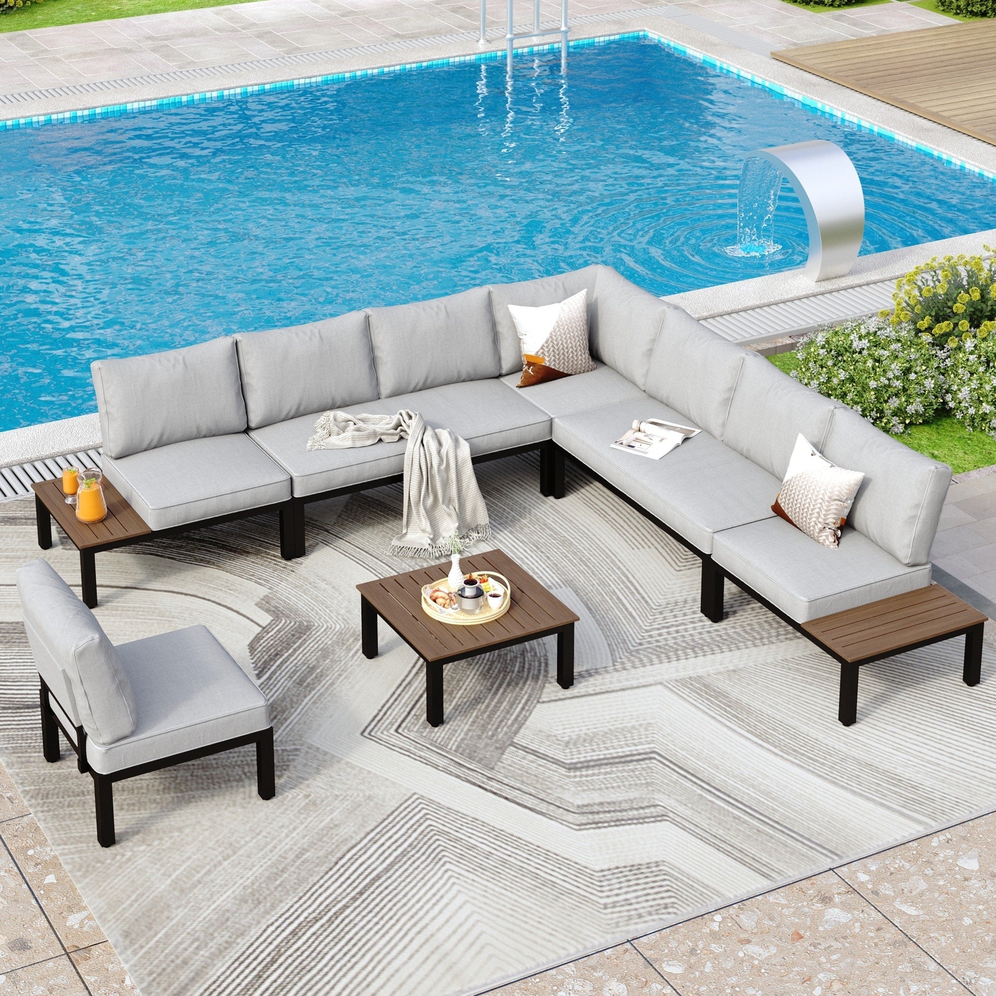 10-Seat Patio Sectional sofa set, E-coating Steel frame Conversation Sets with Built-in Side Table , Grey Cushion