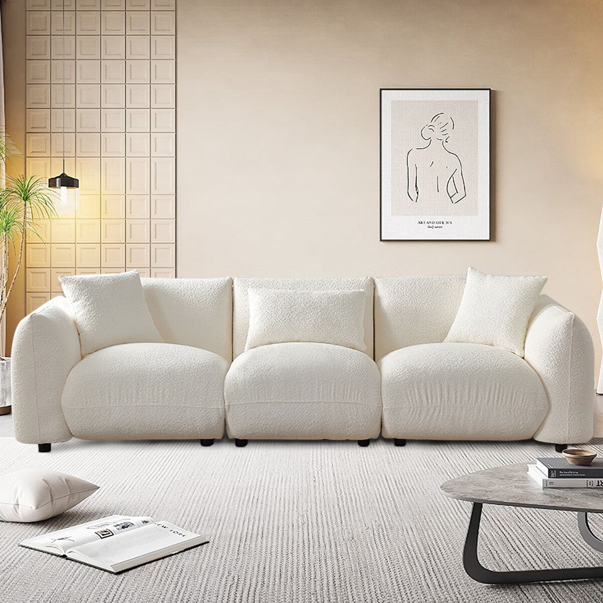 Upholstered Comfortable Soft Lamb Down White Sectional Sofa Couch with Ottoman