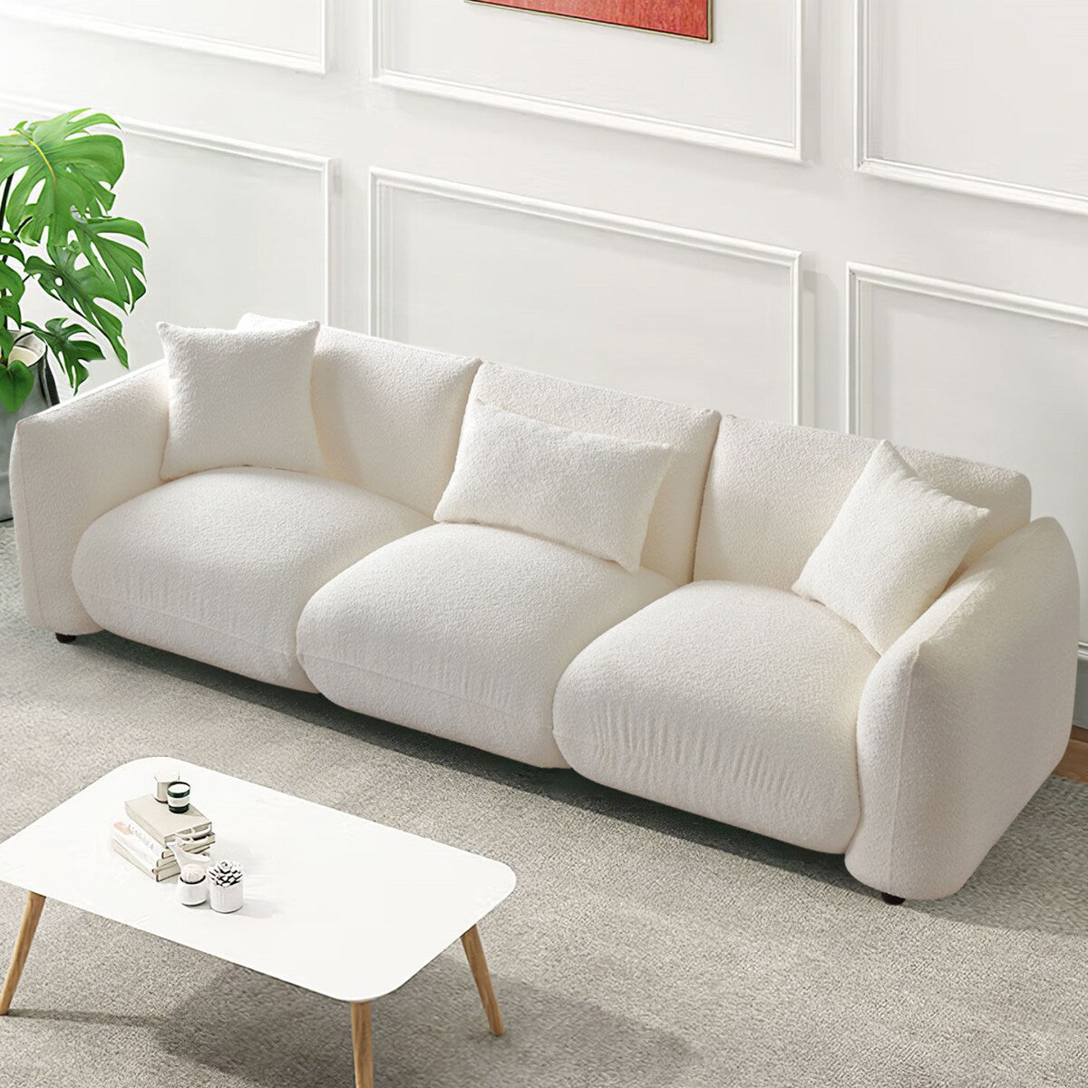 Upholstered Comfortable Soft Lamb Down White Sectional Sofa Couch with Ottoman