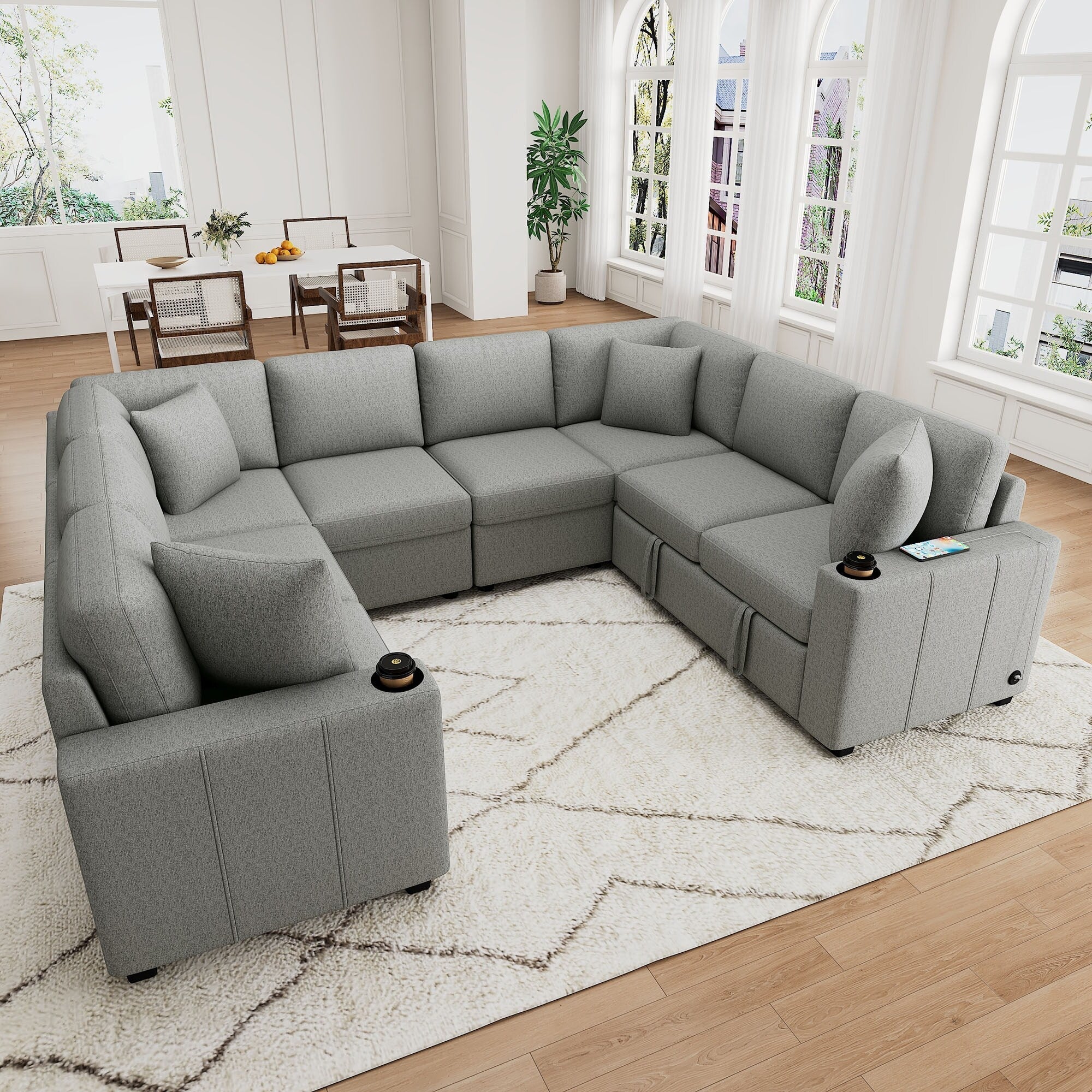 108 Inch Modular UâShaped Sectional Sofa with Pull Out Sleeper, USB Ports and Dual Cup Holders for Living Room