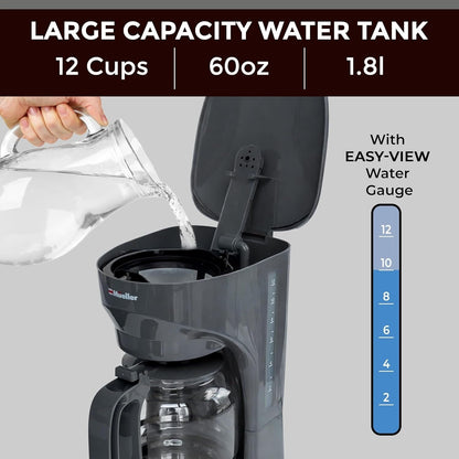 12-Cup Gray Drip Coffee Maker, Borosilicate Carafe, Auto-Off, Reusable Filter, Keep-Warm Function