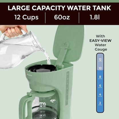 12-Cup Green Drip Coffee Maker, Borosilicate Carafe, Auto-Off, Reusable Filter, Anti-Drip Design