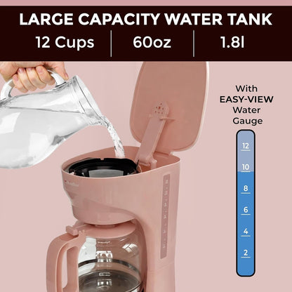 12-Cup Pink Coffee Maker, Borosilicate Carafe, Auto-Off, Reusable Filter, Keep-Warm Functionality