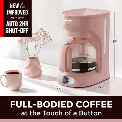 12-Cup Pink Coffee Maker, Borosilicate Carafe, Auto-Off, Reusable Filter, Keep-Warm Functionality
