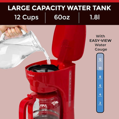 12-Cup Red Coffee Maker with Borosilicate Carafe, Auto-Off, Reusable Filter, Anti-Drip Technology