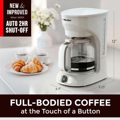 12-Cup White Coffee Maker with Borosilicate Carafe, Auto-Off, Reusable Filter, Clear Water Window