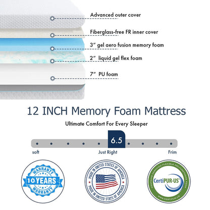 12 inch Gel Memory Foam Mattress, Cooling Medium Feel Bed Mattress in a Box, CertiPUR-US