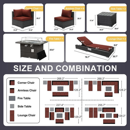 FINCATI 13 Pcs Patio Outdoor Wicker Furniture Sectional Sofa Set with Lounge Chair