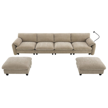 140-Inch Chenille Sectional Sofa with USB and Type-C Charging Ports, Phone Holders, Side Storage Pockets, Movement Ottomans