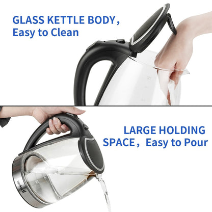 1500W 1.8L Electric Glass Tea Kettle Hot Water Kettle with Auto Shutoff Protection, Stainless Steel Lid & Bottom