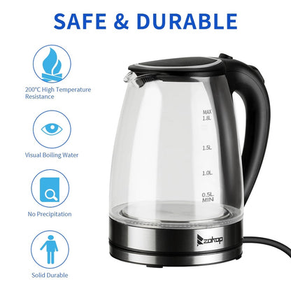 1500W 1.8L Electric Glass Tea Kettle Hot Water Kettle with Auto Shutoff Protection, Stainless Steel Lid & Bottom